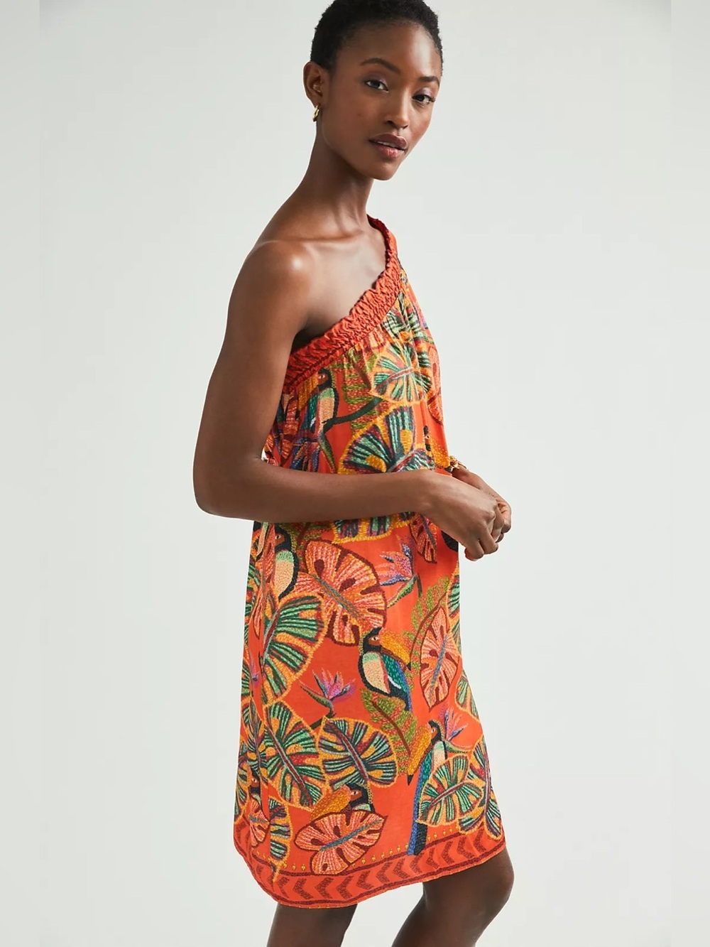 Farm Rio Fiji One-Shoulder Mini Dress Anthropologie Stretchy Comfort Size XS